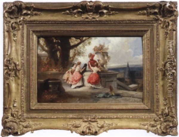 Vier Elegant Gekleidete Junge Madchen Auf Einer Terrasse Oil Painting - Louis-Gabriel-Eugene Isabey