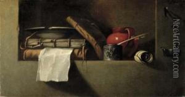 Books, A Plate, An Earthenware 
Pitcher, An Ink Well And Quill In A Niche With An Oil Lamp On The Wall 
Nearby Oil Painting - Giovanni Battista Langetti