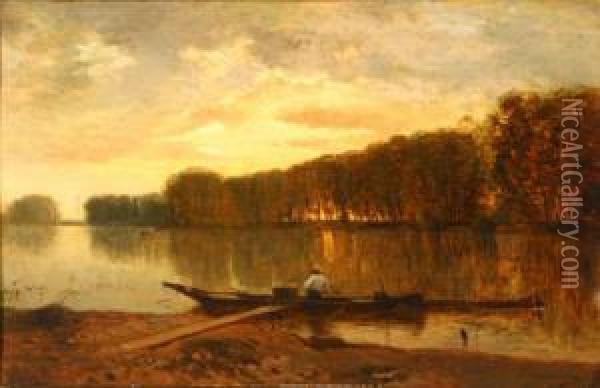 A Rower Casting-off, Early Morning Oil Painting - Leon Villevielle