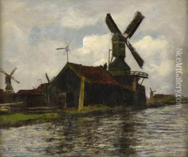 Blick Auf Eine Windmuhle Am Ufer Der Zaan Bei Zaandam. Oil Painting - Paul Baum