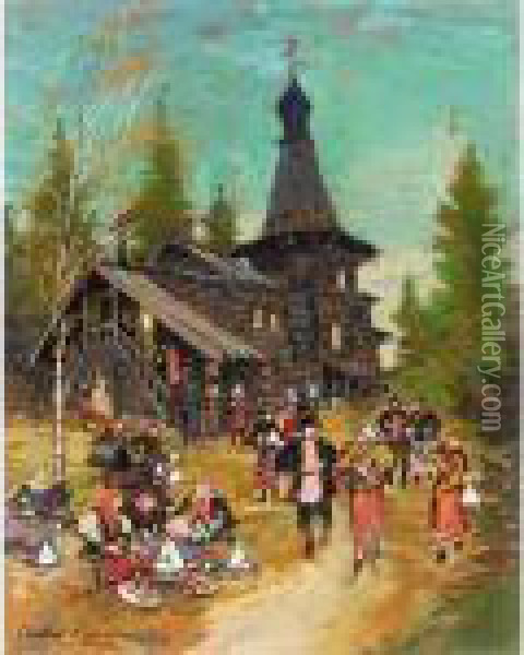 Easter Celebrations By The Village Church Oil Painting - Konstantin Alexeievitch Korovin