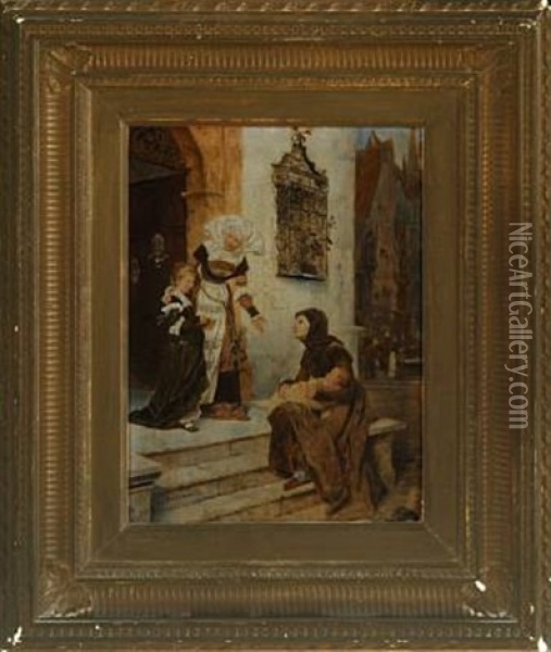 Scene From A Church Stairs, Which Provide Alms To The Poor Oil Painting - Friedrich Bodenmuller
