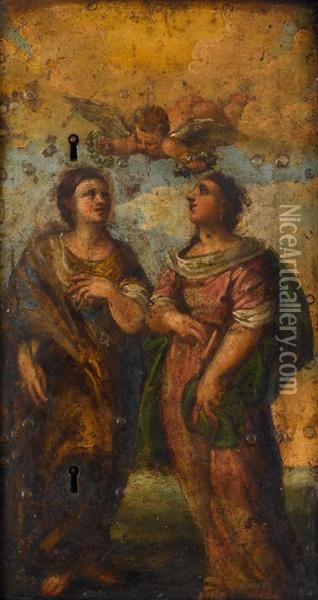 The Virgin And Saint Anne Receiving Floral Crowns From An Angel Oil Painting - Bernardino Gatti, Il Sojaro
