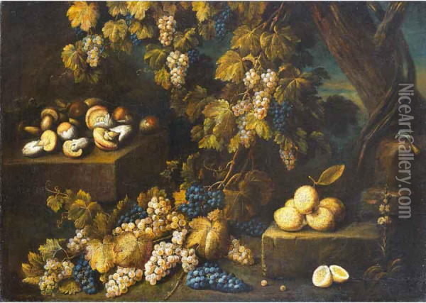 Natura Morta Con Uva, Limoni E Funghi Oil Painting - Antonio Gianlisi The Younger