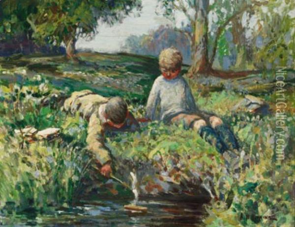 Young School Boys Playing With A Toy Boat Oil Painting - Alfred Bathurst Binning