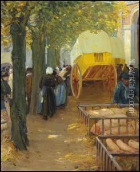 Market In Brittany Oil Painting - Helen Galloway Mcnicoll