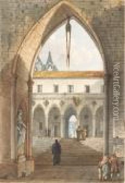The Interior Of A Gothic Monastery Seen Through An Arch Oil Painting - Victor-Jean Nicolle