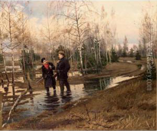 Hunters In A Forest Landscape Oil Painting - Aleksander Vladimirovich Makovskii