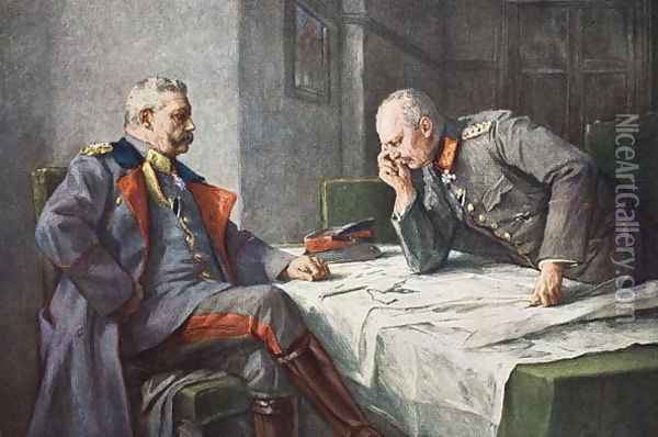 General von Hindenburg and Chief of Staff Erich von Ludendorff at the map table Oil Painting - Hugo Vogel