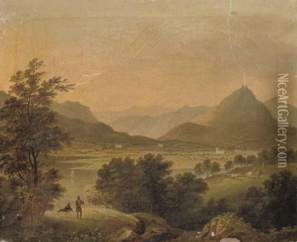 A View Of Grasmere, Westmorland,
 With Figures Fishing In The Foreground And Cattle Beyond Oil Painting - Julius Caesar Ibbetson