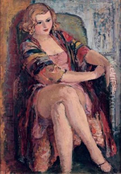 Portrait De Femme Blonde Assise Oil Painting - Nicolai Dolgoroukov