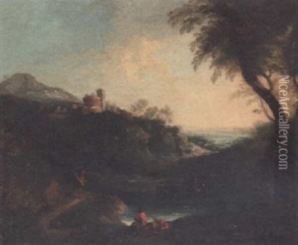 A Rocky Landscape With Peasants By A Pool Oil Painting - Gaspard Dughet