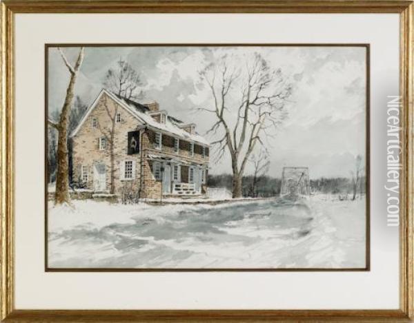 A Winter Landscape Depicting A Farmhouse Oil Painting - James Ross
