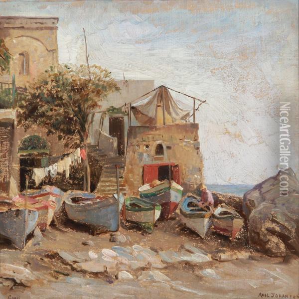 View Of Capri With Boats On The Beach Oil Painting - Axel Johansen