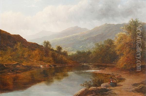 River Landscape With Cattle Watering Andfigures Resting On The Bank Oil Painting - Arthur Bevan Collier