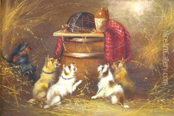 Five Terriers Eying The Contents Of A Dome Atop A Barrel Oil Painting - George Armfield