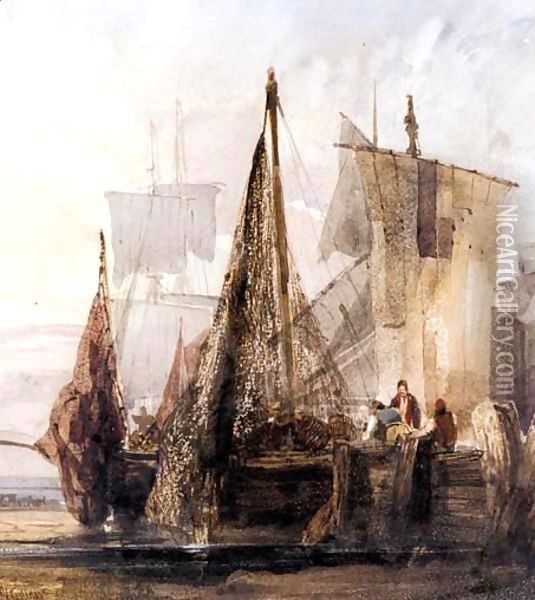 Boats Moored At A Dock Oil Painting - William Callow