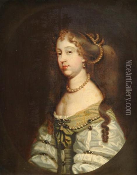 Portraitof A Lady Wearing A 
String Of Pearls Around Her Neck, And Pearls Inher Hair And Dress, Bust 
Length Oil Painting - Sir Peter Lely