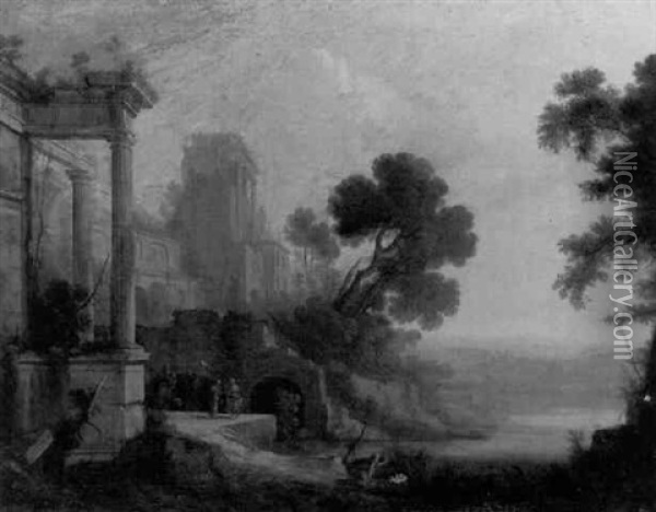 La Decouverte De Moise Dans Un Paysage De Ruines Antique Oil Painting - Pierre Antoine Patel