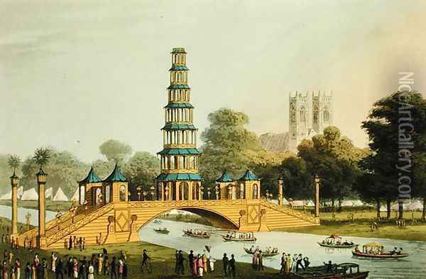 The Chinese Bridge and Pagoda, Erected in the Park in commemoration of the Glorious Peace of 1814 Oil Painting - John Heaviside Clark