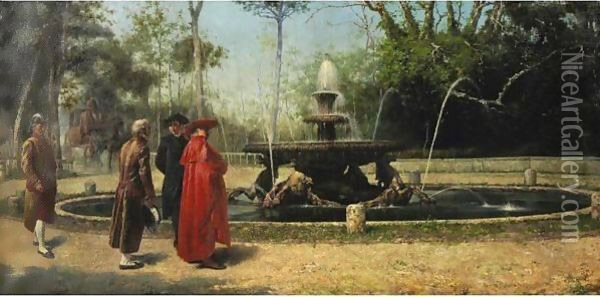 A Stroll By The Fountain Oil Painting - Achille Guerra