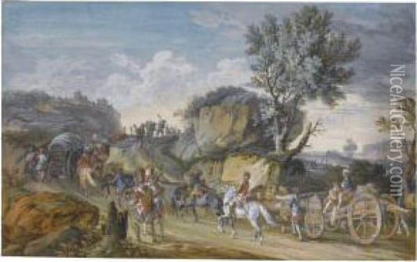 A Pair Of Military Scenes: An Encampment Outside A Village And Aconvoy Marching Through A Rocky Landscape Oil Painting - Henri Joseph Van Blarenberghe