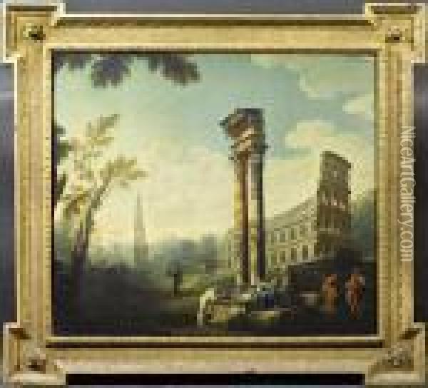 A Classical 
Capriccio 
 With Figures Amongst Ruins Oil Painting - Giovanni Niccolo Servandoni