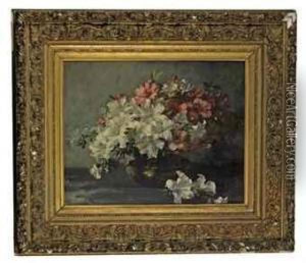 Lilies In A Brass Bowl Oil Painting - F Monshausen