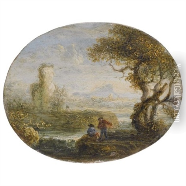 An Italianate River Landscape With Two Figures Fishing Oil Painting - Jan de Momper