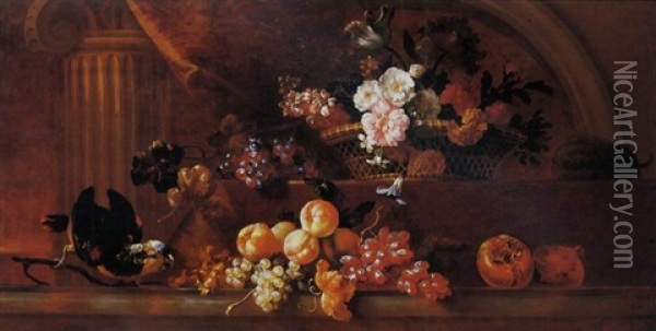 A Parrot Tulip, Roses, And Other Flowers In A Basket With Grapes And A Pumpkin On A Table And Other Fruits And A Parrot On A Marble Ledge Oil Painting - Jean-Baptiste Monnoyer