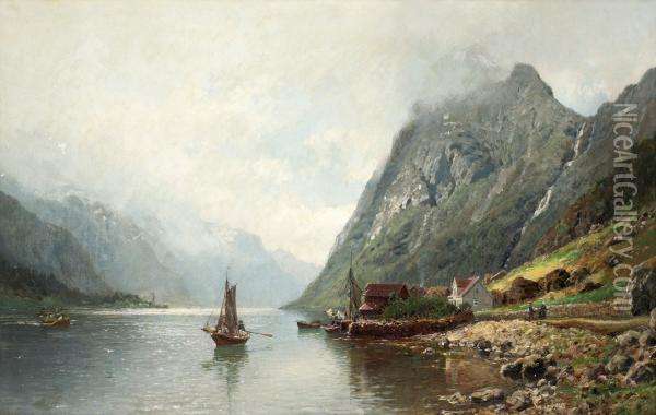 Fiord Landscape With Sailing Boats Oil Painting - Anders Monsen Askevold