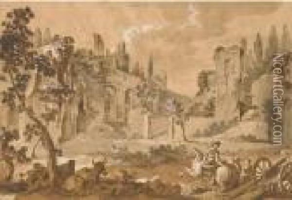 A View Of The Pincian Hill With Ruins Oil Painting - Charles Joseph Natoire
