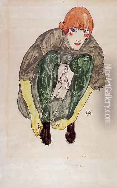 Crouching Figure Aka Valerie Neuzil Oil Painting - Egon Schiele