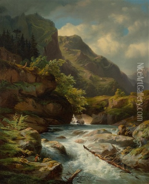 Mountain River Oil Painting - Jean Francois Xavier Roffiaen