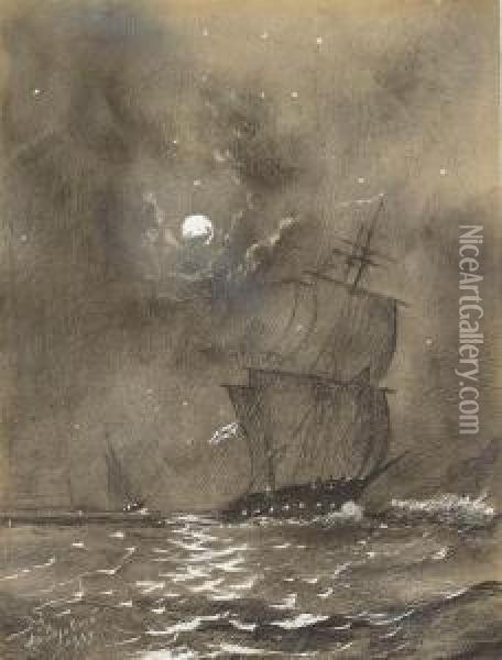 Vessels In Full Sail By Moonlight Oil Painting - Ivan Konstantinovich Aivazovsky