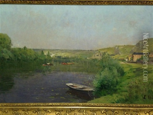 Barque Et Peniche Sur La Seine Pres Des Andelys Oil Painting - Jean Eugene Clary