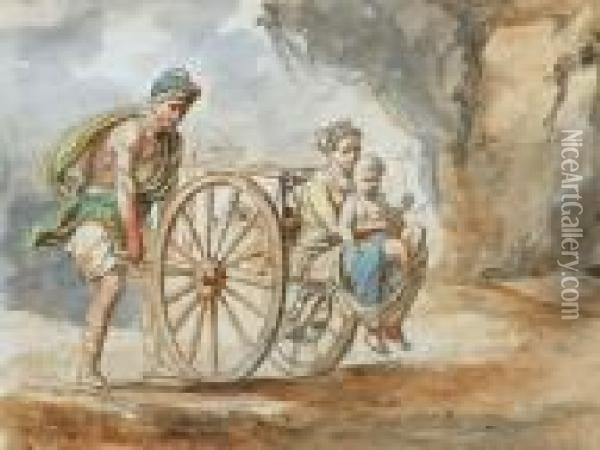 Attribuito/attributed Giovane Madre Con Bambino Seduti Su Un Carro Spinto Da Un Uomo Oil Painting - Etienne de Lavallee-Poussin