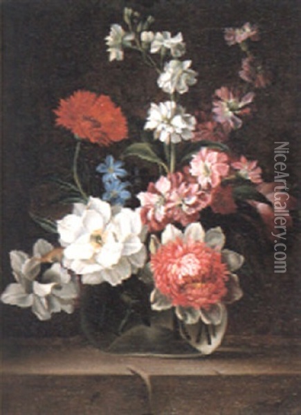 Still Life Of Gardenias, Stephanosis And Other Flowers In A Glass Vase Oil Painting - Jakob Bogdani