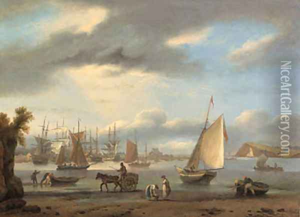 A view of Teignmouth, Devon with shipping and fisherfolk Oil Painting - Thomas Luny