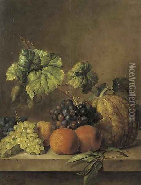 A melon, peaches and grapes on the vine on a ledge Oil Painting - Jan van Os