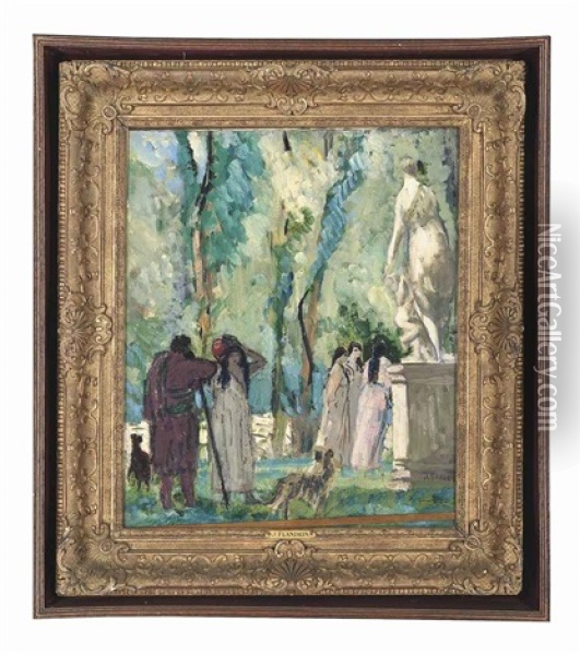 Promenading Figures In A Garden With A Sculpture Of Venus And Cupid Oil Painting - Jules Leon Flandrin