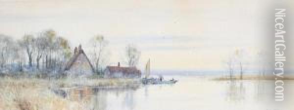 'on The Stour'; A River Landscape, Apair Oil Painting - Robert Winter Fraser
