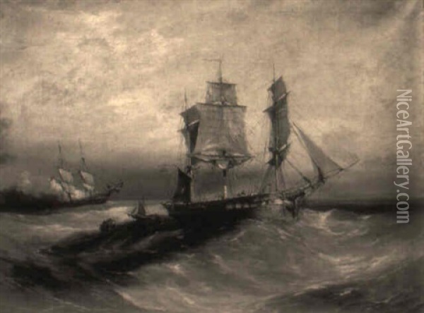 A British Frigate At Anchor With Rescue Boats Off Towards Ship In Distress Oil Painting - William Adolphus Knell