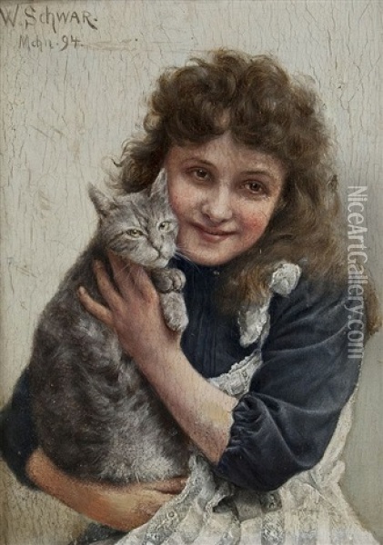 Madchen Mit Katze Oil Painting - Wilhelm Schwar