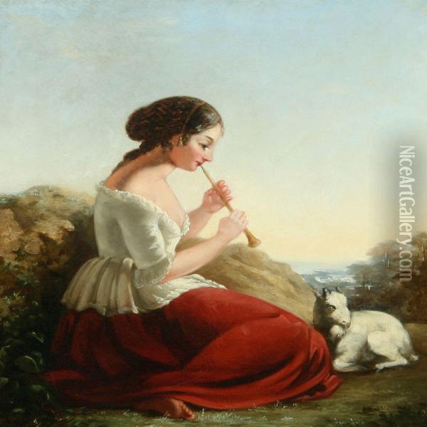 Young Italian Womanplaying The Flute Oil Painting - Rudolf August Wilhelm Lehmann