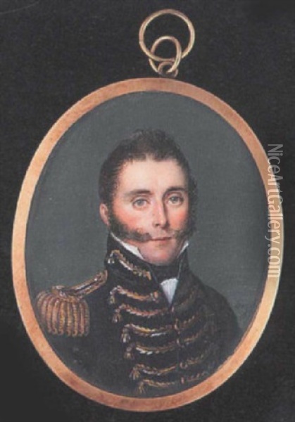 A British Officer Wearing Dark Blue Uniform With Black Facings, Gold Epaulette And Frogging Oil Painting - Pierre Edouard Gautier dagoty