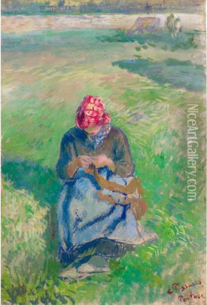 Paysanne Tricotant Oil Painting - Camille Pissarro