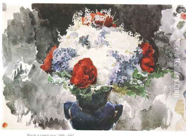 Flowers in Blue Vase 1887 Oil Painting - Mikhail Aleksandrovich Vrubel