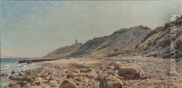 Beach Scene From Gilleleje With Nakkehoved Lighthouse In The Background Oil Painting - Christian Ferdinand Andreas Molsted