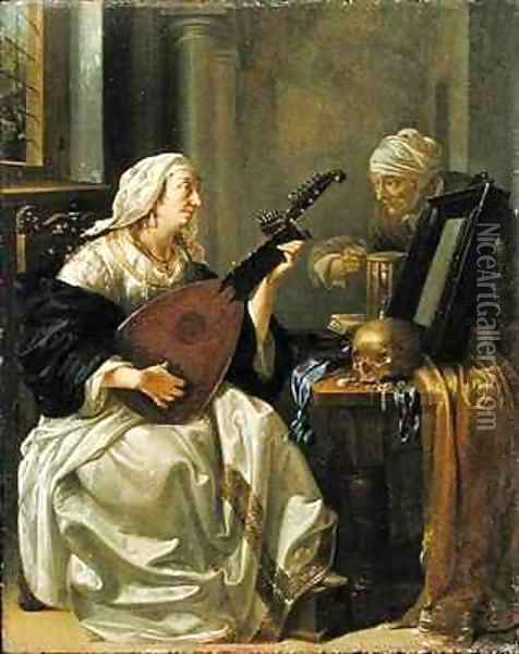 Woman with Theorbo Vanitas Oil Painting - Jacob Duck